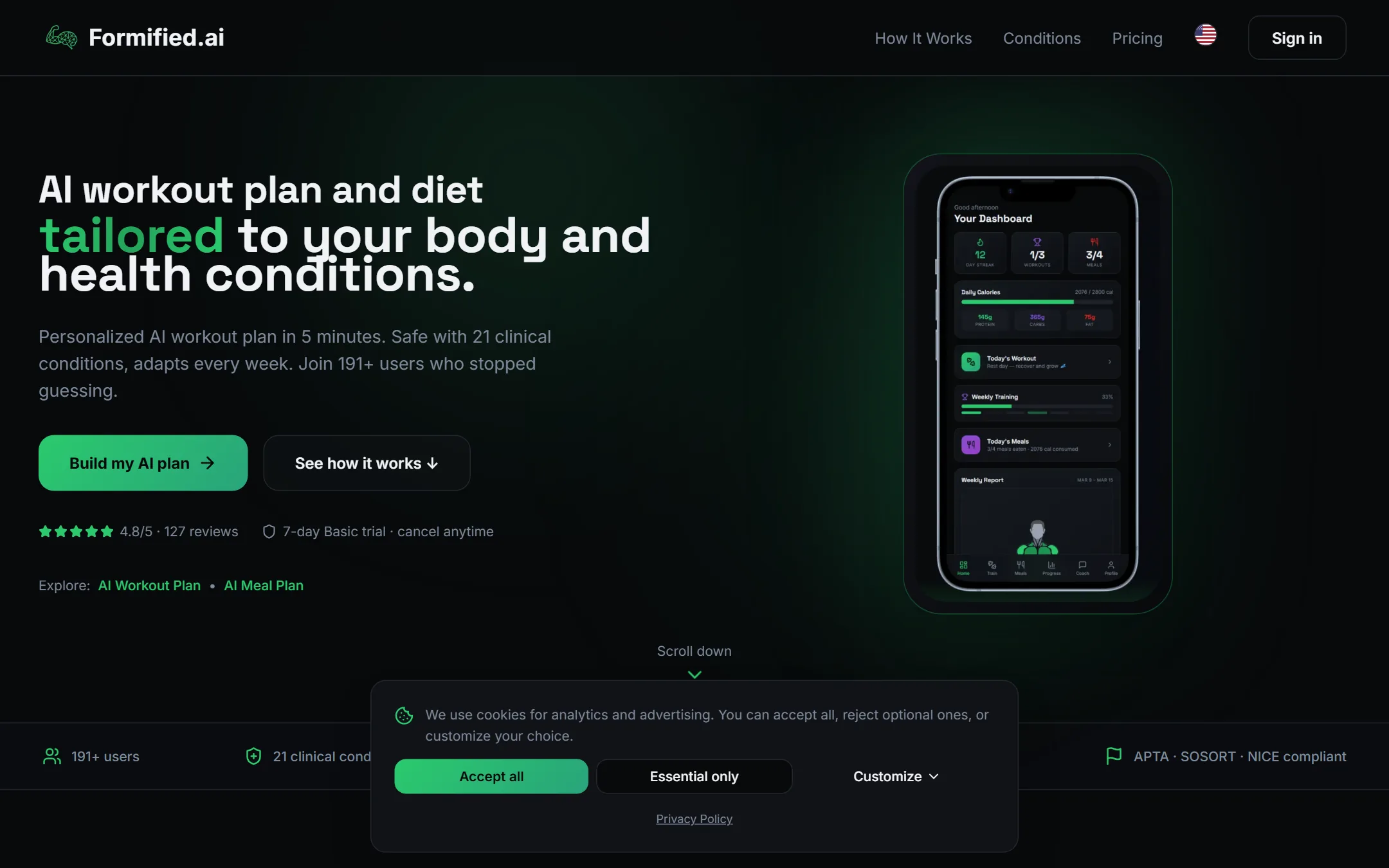 Formified.ai , Evidence-based AI fitness PWA z 31 schorzeniami klinicznymi.